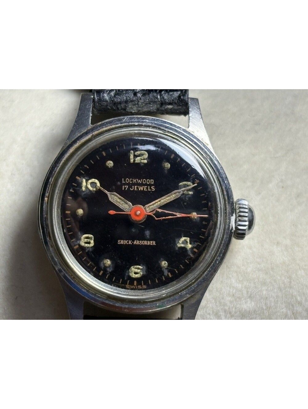 Vintage Lockwood Swiss Mechanical Watch Black Dial Red Seconds Hand 1950s RUNS